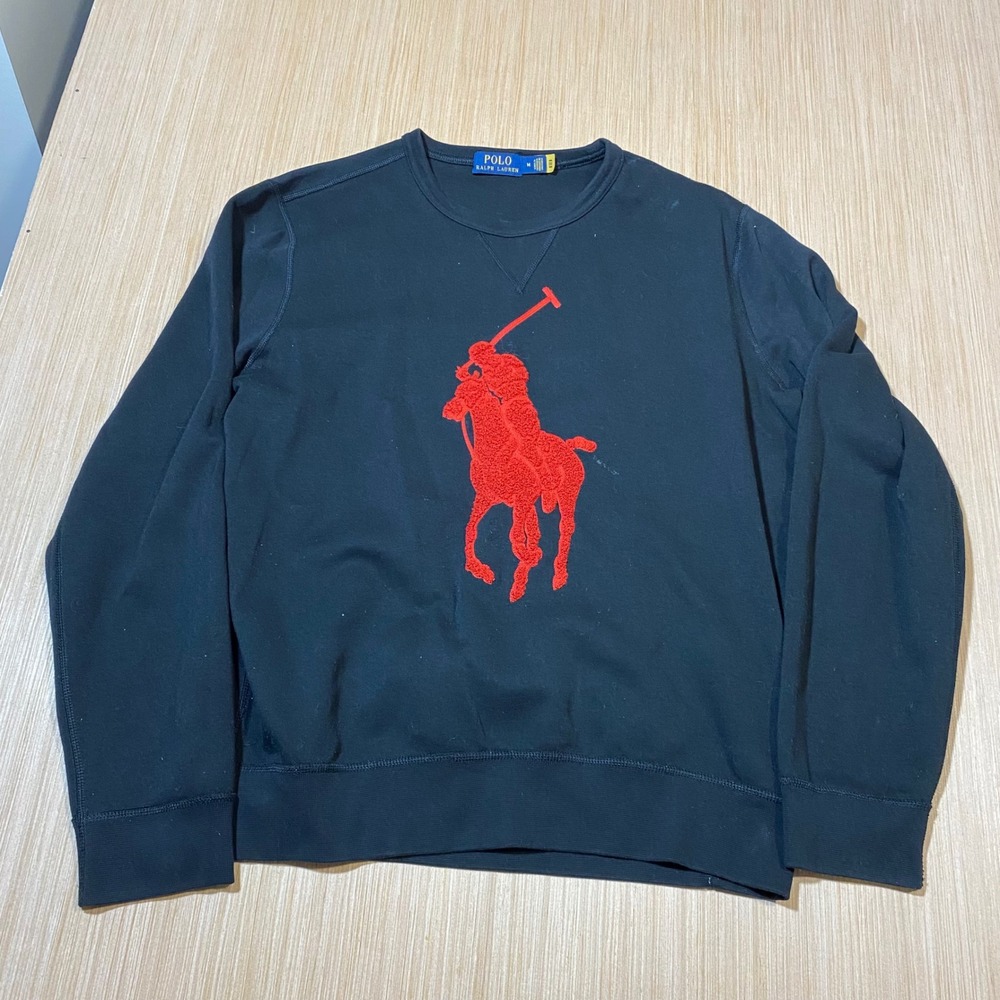 Polo Ralph Lauren Mens Big Pony Sweatshirt Black Red Chenille Patch Crewneck M